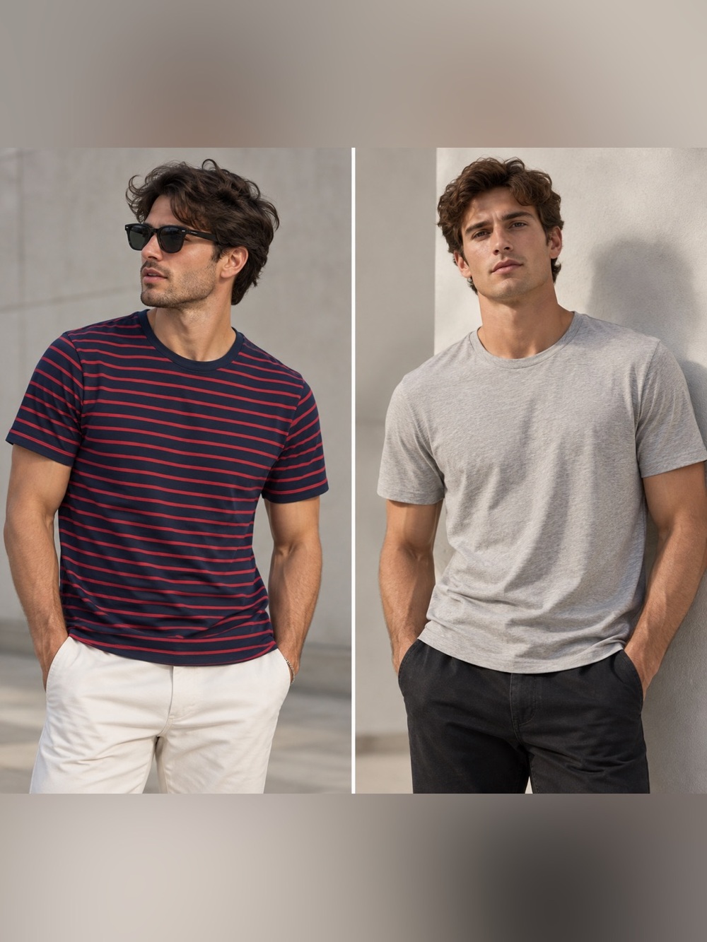Banana Republic Cotton Tee 2-Pack Mens Sz M Oatmeal & Navy Red Stripe